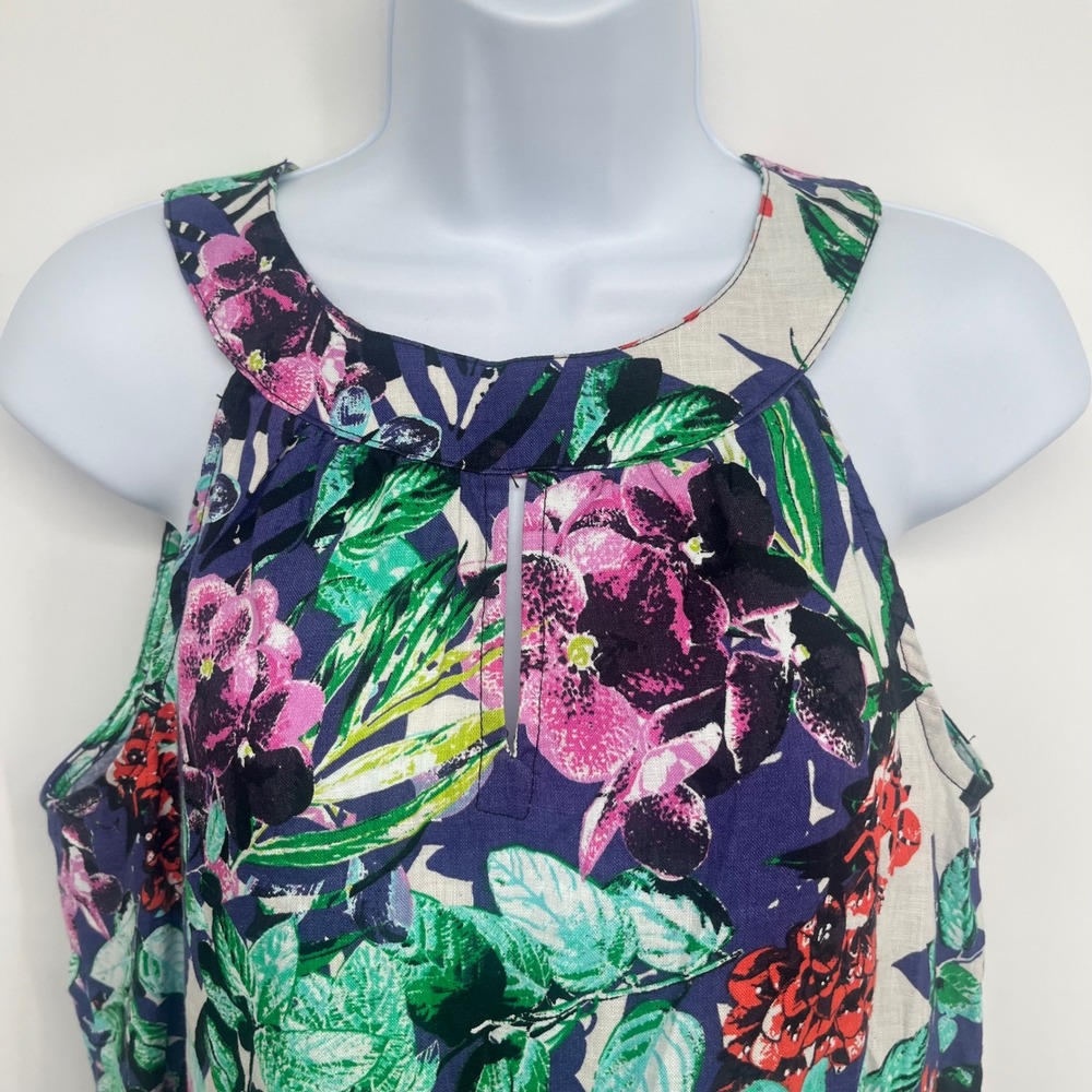 100% Linen Keyhole Shift Dress Women XS C&C California Blue Floral Sleeveless - Picture 2 of 9